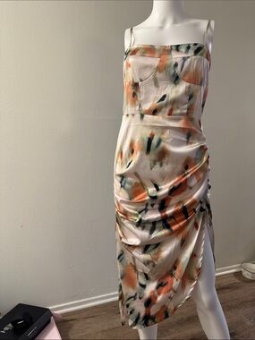 Sleeveless Abstract Watercolor Midi Dress - Peach Multi